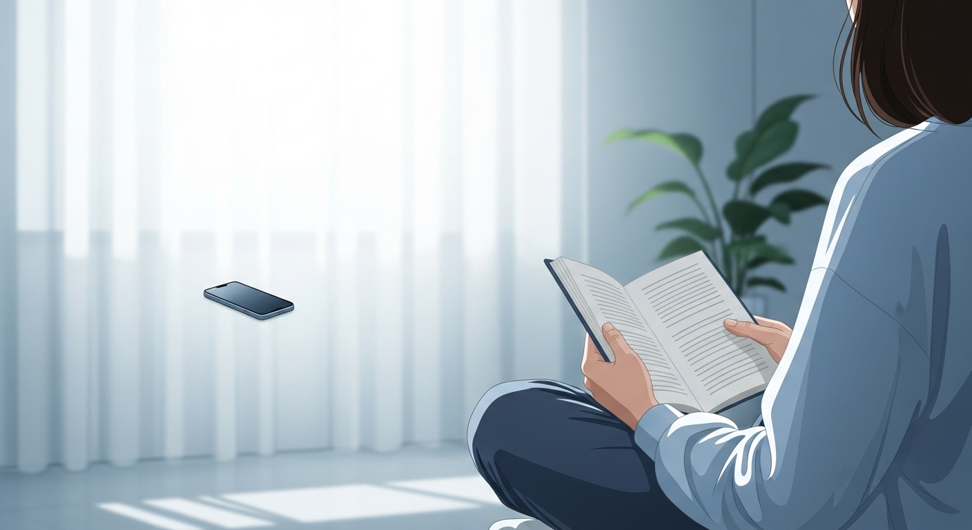 편안한 자세로 책을 읽거나 명상하며 디지털 기기에서 벗어나 휴식을 취하는 사람의 모습, 2026년 디지털 디톡스를 통한 건강한 삶을 상징.
