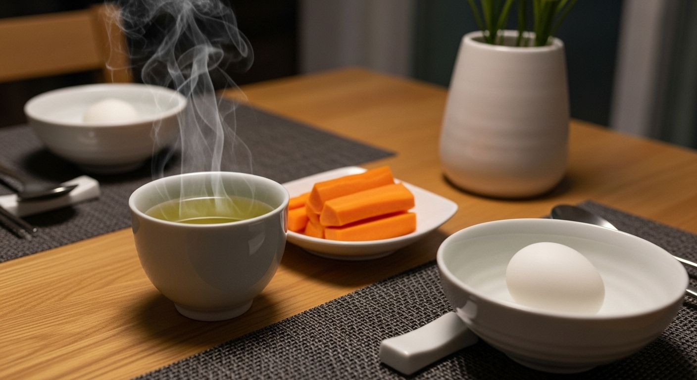 당근 스틱과 삶은 달걀&amp;#44; 녹차로 구성된 한국식 가벼운 저녁 식사