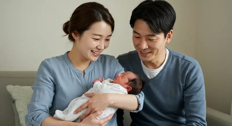 2025년 아동수당 및 첫만남이용권 대상인 신생아를 안고 있는 행복한 부모