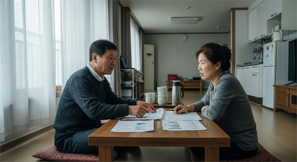 거실에서 소득 공백 가능성을 함께 검토하는 부부의 생활 장면