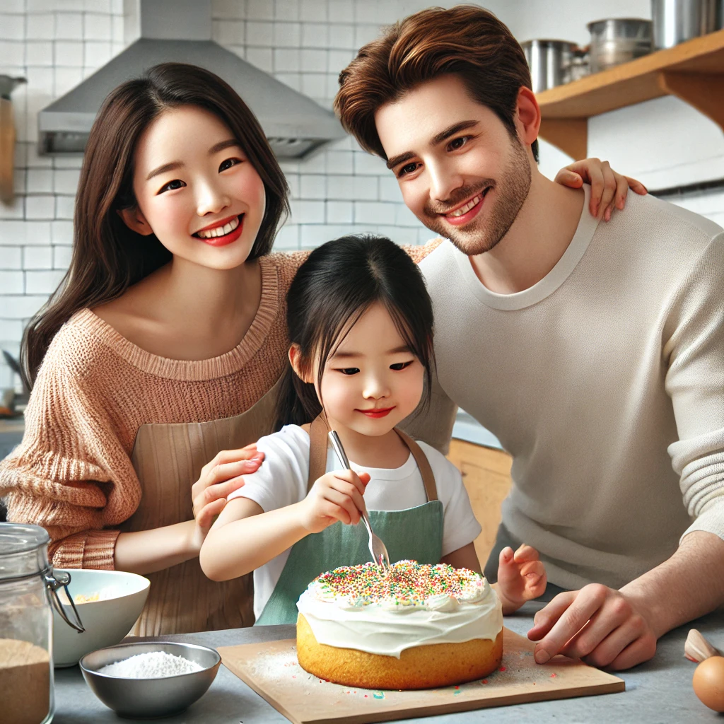 밝고 현대적인 주방에서 딸이 갓 구운 케이크에 장식을 하며 부모가 따뜻하게 응원하는 모습