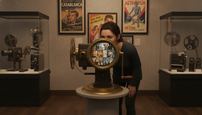 영화 박물관에서 오래된 영사기 렌즈를 통해 전시를 관람하는 사람의 뒷모습. 주변에는 빈티지 영화 장비와 포스터가 전시되어 있다.