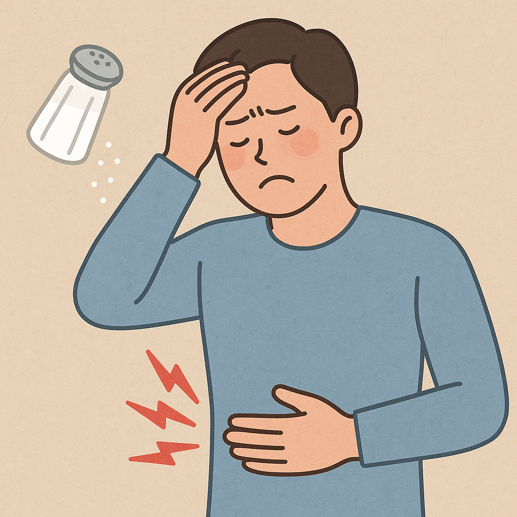 식염을 갑자기 줄였을 때 발생할 수 있는 어지럼증, 복통, 피로감 등의 부작용을 표현한 일러스트