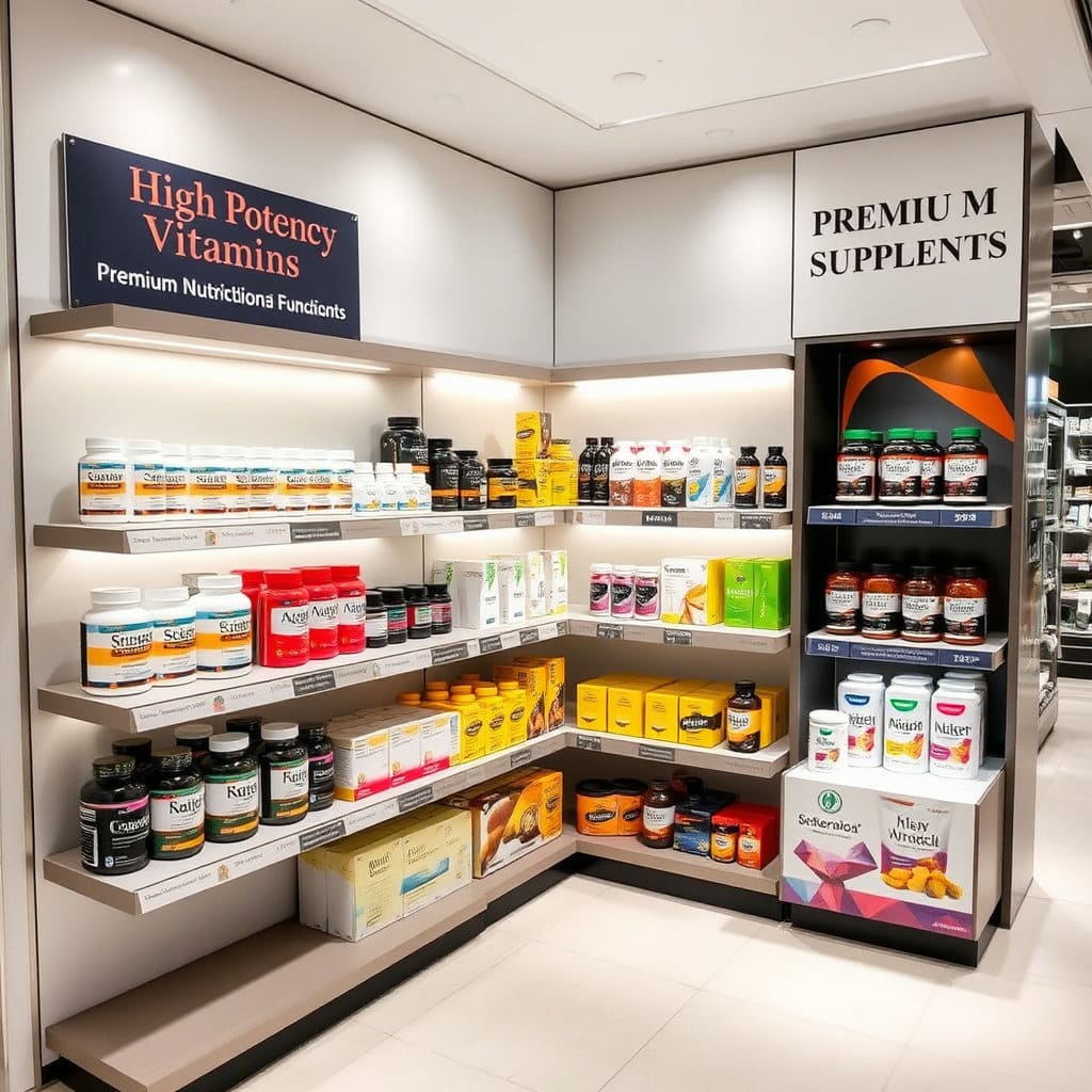 '고함량 비타민', '프리미엄 영양제' 등 특정 기능성 제품들이 진열된 코너를 보여주세요. 다른 제품들과 구분되는 특별한 진열 방식이나 안내 문구를 통해 전문성과 특화된 상품군임을 나타냅니다.
