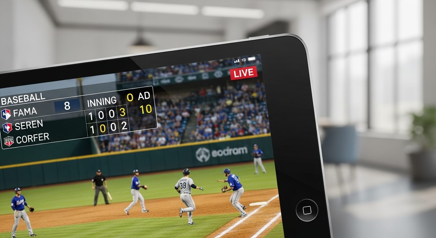 태블릿으로 야구 경기 득점 상황을 시청하는 장면