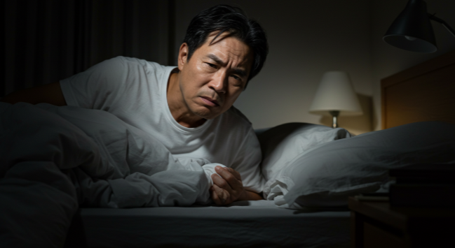 밤중에 불편한 표정으로 깨어나는 중년 남성