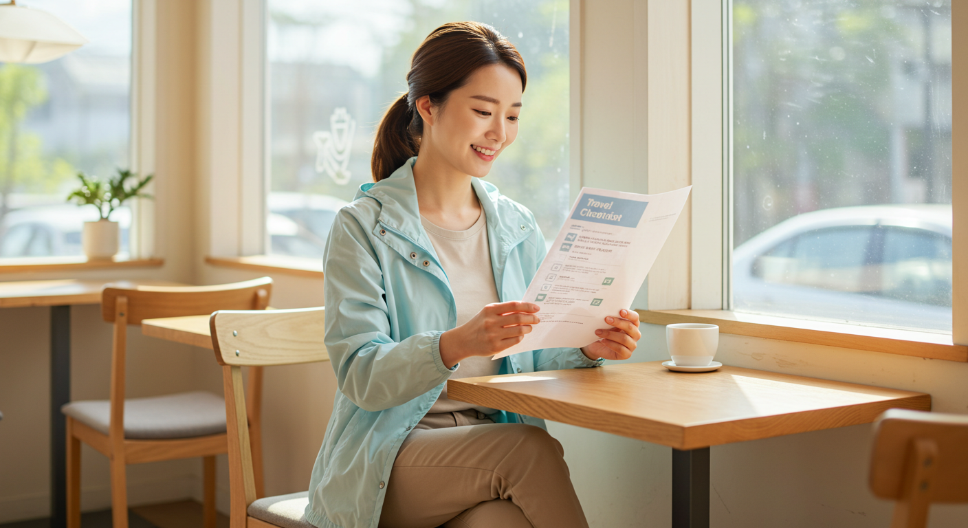 여행자 보험 체크리스트를 확인하며 만족스러운 표정을 짓는 한국 여성.