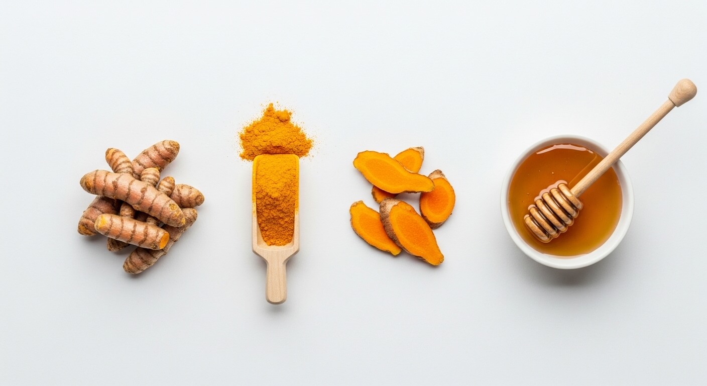 울금 뿌리와 울금 분말, 커큐민 성분을 설명하는 울금 건강 식재료