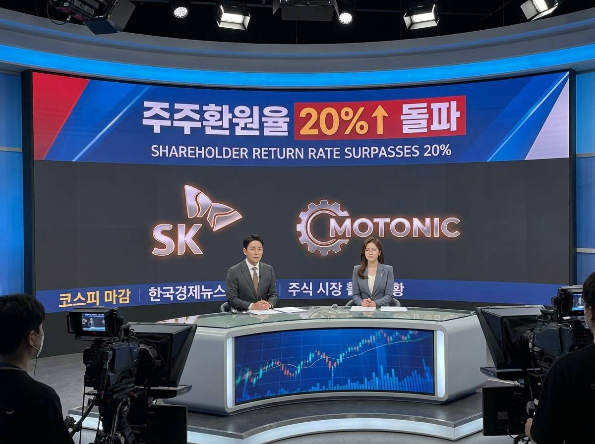 대형 전광판에 SK와 모토닉의 로고와 함께 주주환원율 20% 돌파라는 숫자가 강조된 화려한 경제 뉴스 스튜디오 장면