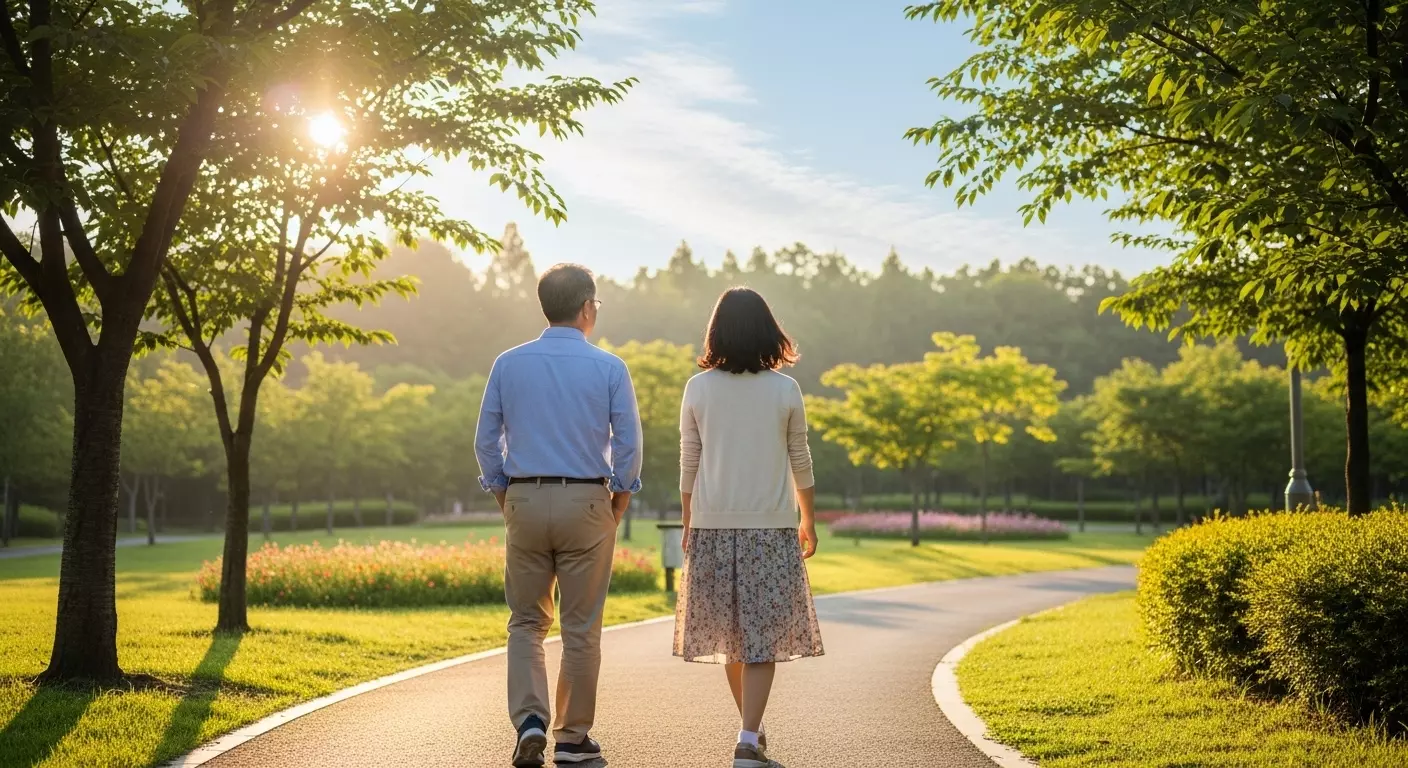 공원을 걷는 중년의 남녀 이미지