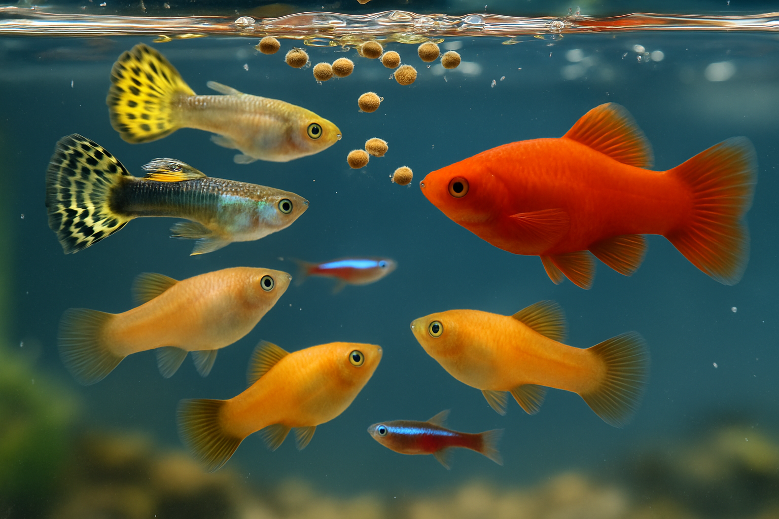 정해진 시간에 급식받는 열대어 무리의 안정된 모습