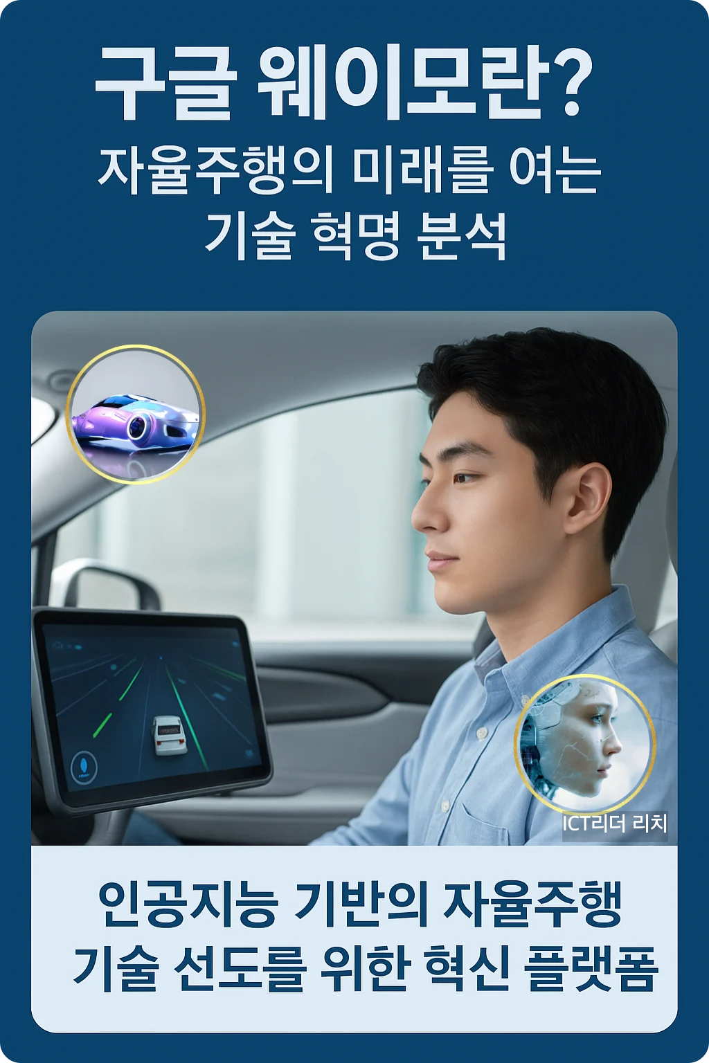자율주행차에 탑승한 20대 남성이 AI 주행 화면을 바라보는 장면 중심의 인포그래픽. 웨이모의 자율주행 알고리즘과 서비스 지역 정보를 한국어로 안내하고 있음.