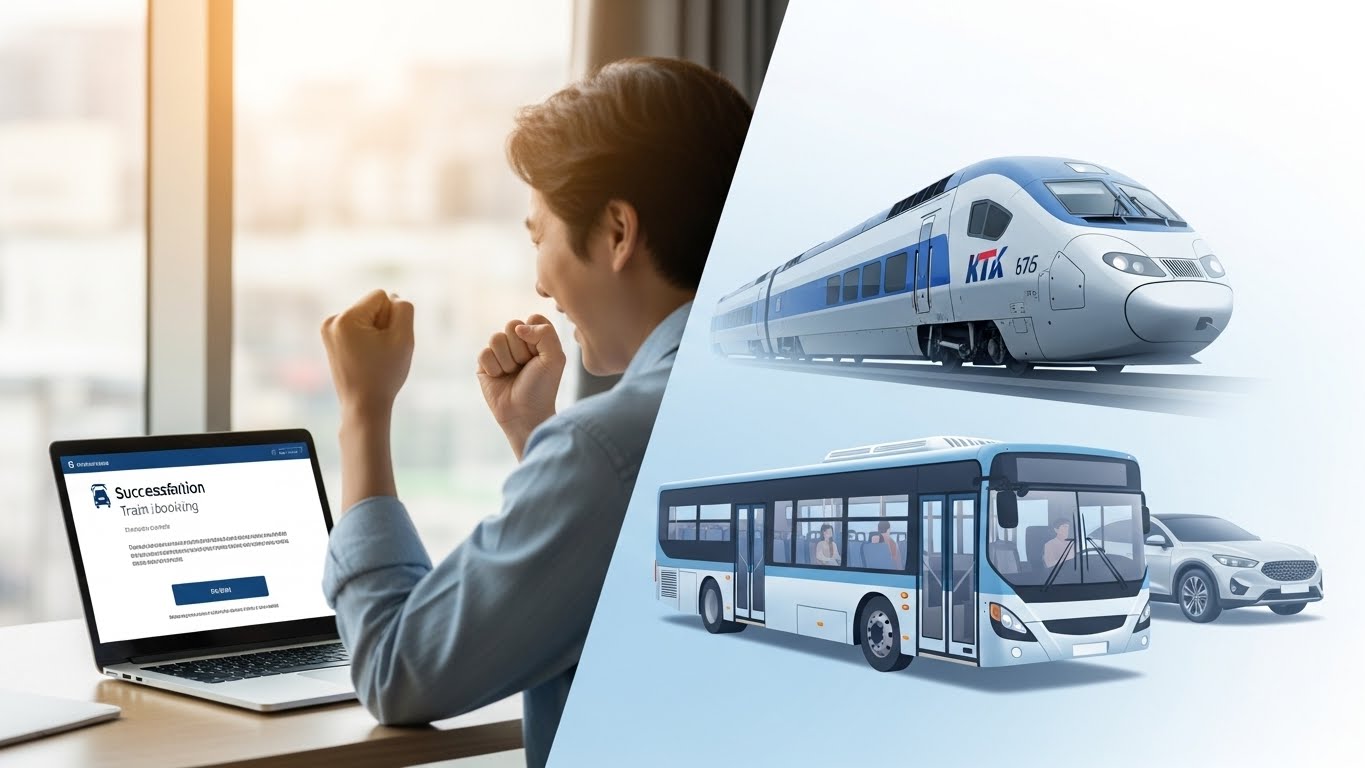 노트북으로 기차표 예매에 성공한 사람의 기뻐하는 모습과 함께, KTX, 버스, 자가용 등 다양한 대체 교통수단이 함께 보이는 이미지.