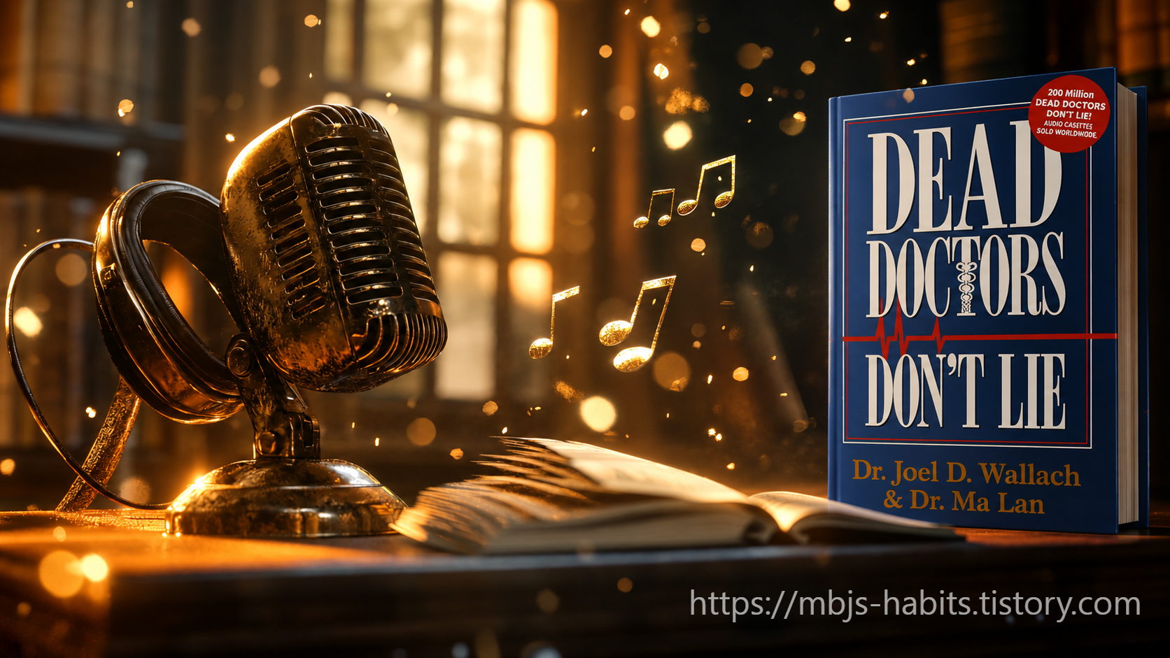 빈티지 마이크와 오디오를 상징하는 음표, 닥터 월렉의 《Dead Doctors Don't Lie》 책을 담은 대표이미지