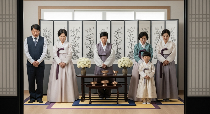 2025년 현대 한국 가족들이 종친회나 시제에 모여 조상에게 예를 올리는 모습, 전통과 현대의 조화를 보여줌.