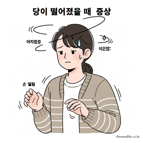 어지러움을 느끼며 손을 떨고 식은땀을 흘리는 여성