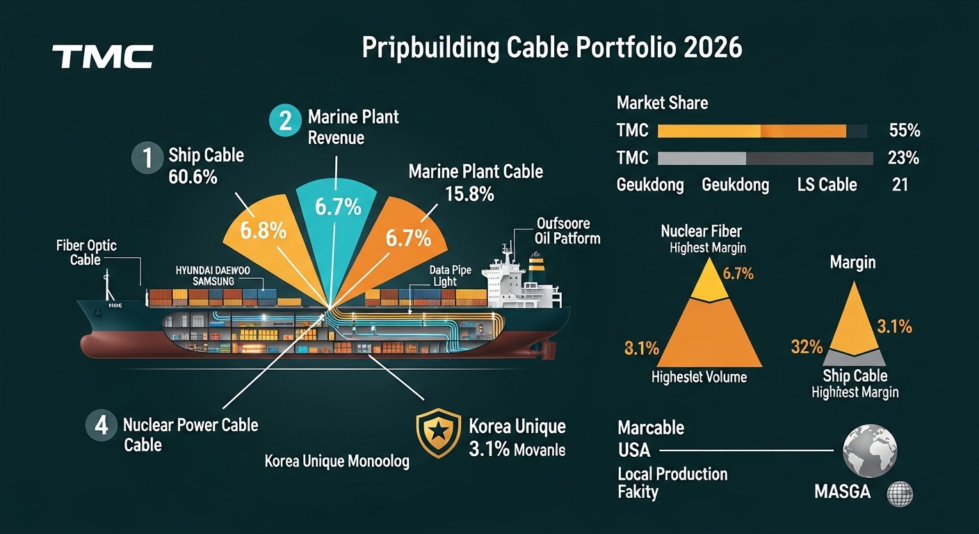 TMC shipbuilding cable business portfolio infographic 2026, dark teal background, center cargo ship cross-section labeled cable routes throughout vessel, four product category wedges radiating from ship wedge 1 Ship Cable 60.6 percent revenue teal glow HD Hyundai Daewoo Samsung supply chain arrows, wedge 2 Marine Plant Cable 15.8 percent offshore oil platform orange glow, wedge 3 Fiber Optic Cable 6.7 percent data pipe blue light, wedge 4 Nuclear Power Cable 3.1 percent reactor shield gold Korea unique monopoly badge, right panel market share bar TMC 55 percent dominant gold bar, Geukdong 23 percent grey, LS Cable 21 percent grey, margin pyramid nuclear fiber highest margin top, ship cable volume base, USA local production facility MASGA globe silver, professional dark teal infographic