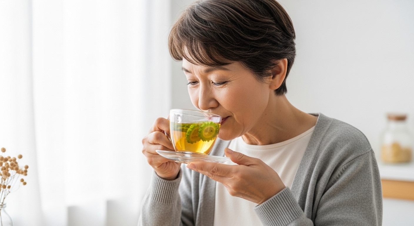 밝고 편안한 공간에서 여유롭게 여주차를 마시는 시니어. 건강한 차 한 잔으로 삶의 활력을 얻는 모습.