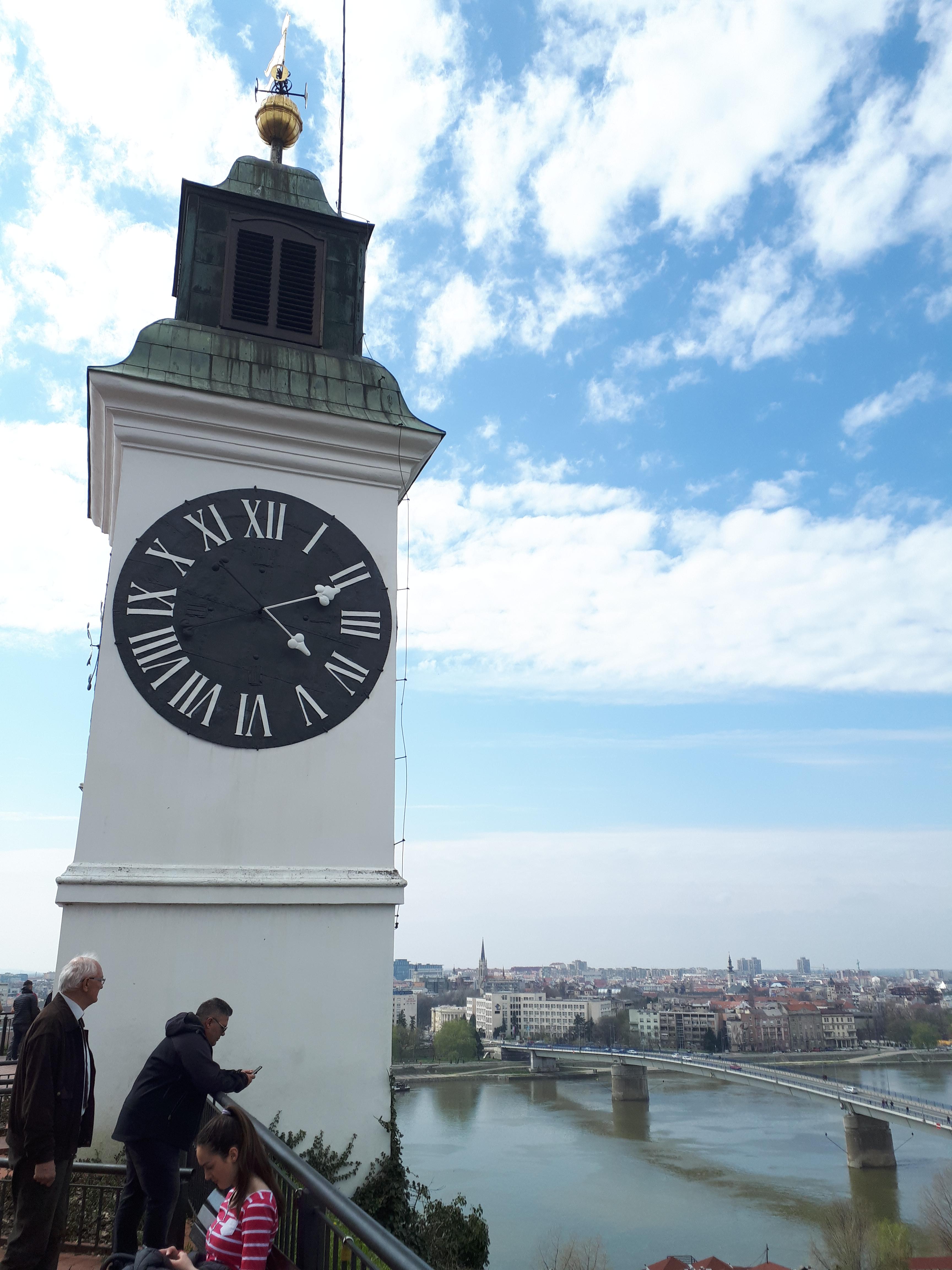 세르비아 노비사드 시계탑과 도나우 강