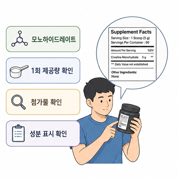 크레아틴 모노하이드레이트 여부와 1회 제공량, 첨가물과 성분 표시를 확인하는 모습을 보여주는 그림