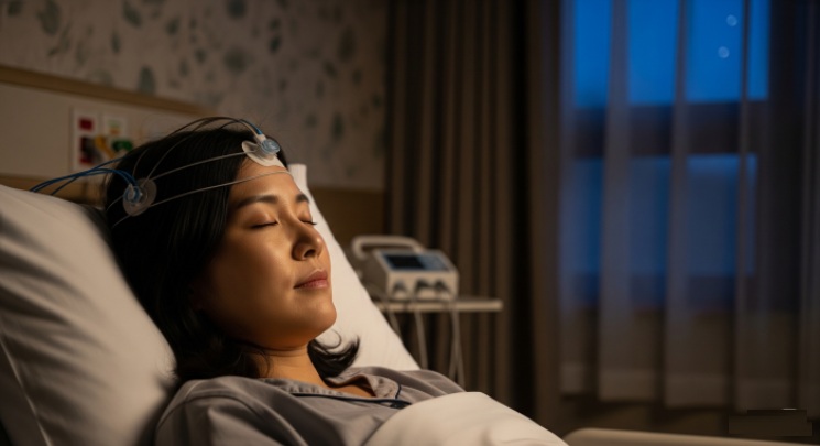 수면센터에서 편안한 표정으로 수면다원검사를 받는 사람