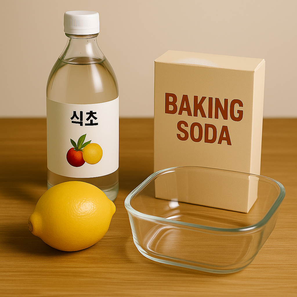 식초 병, 베이킹소다 상자, 레몬, 내열 유리 용기가 나란히 놓인 모습