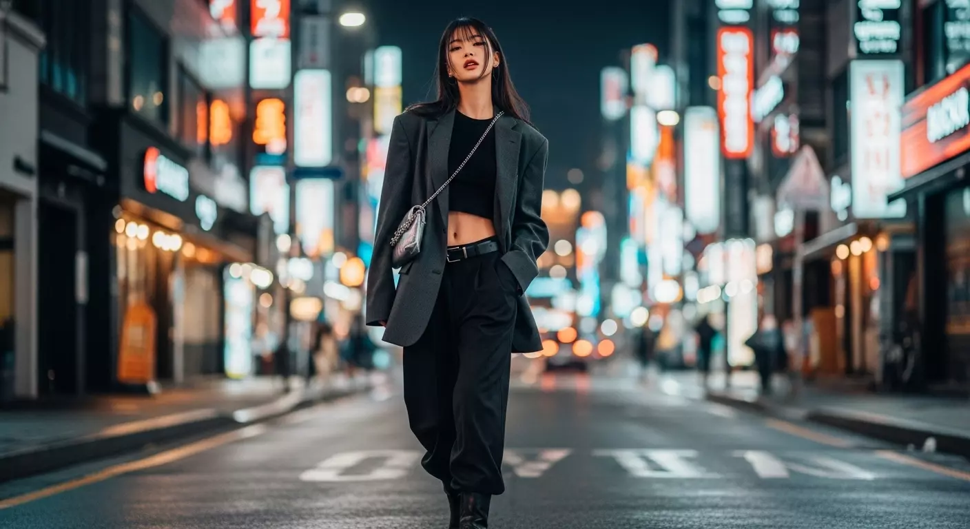 요즘 유행하는 패션 아이템을 입고 거리를 걷고 있는 이미지