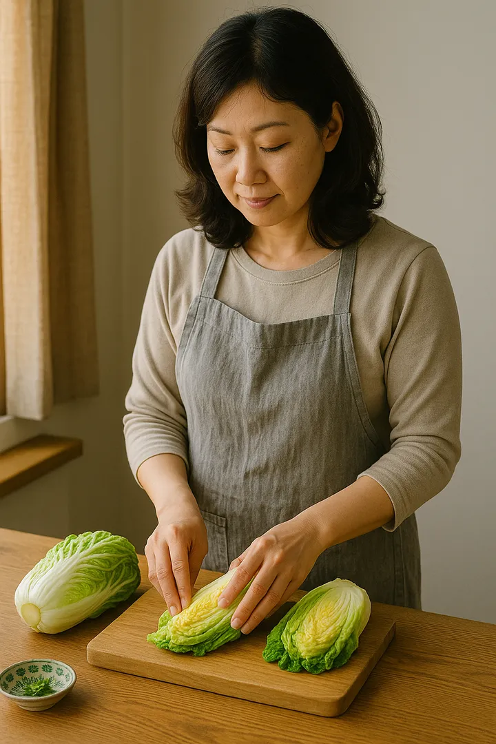 배추를 손질하는 여성의 조리 준비 장면