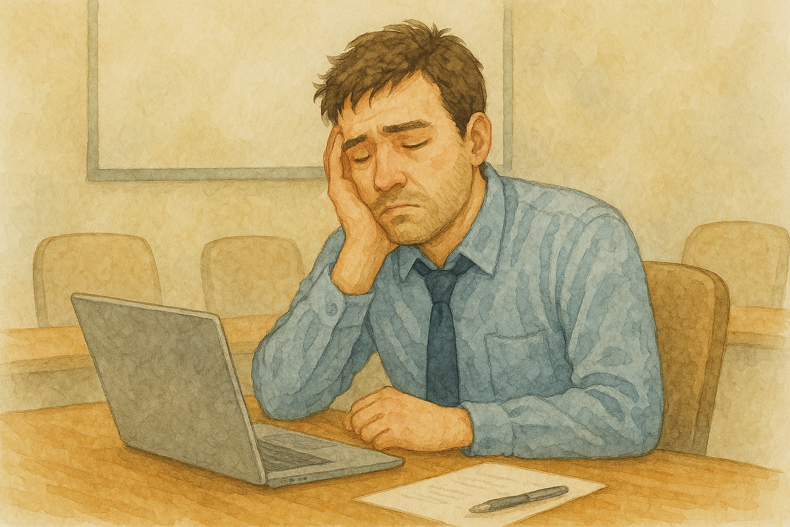 회의실에서 피곤한 모습의 남성