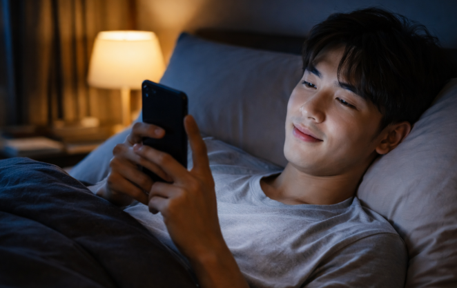 잠들기 전 스마트폰 사용하는 직장인 사진