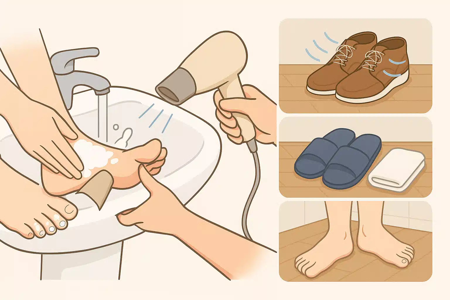 발을 깨끗하게 씻고 드라이기로 발가락 사이를 말리는 모습, 신발을 통풍시키는 장면, 개인용 슬리퍼와 수건을 사용하는 장면