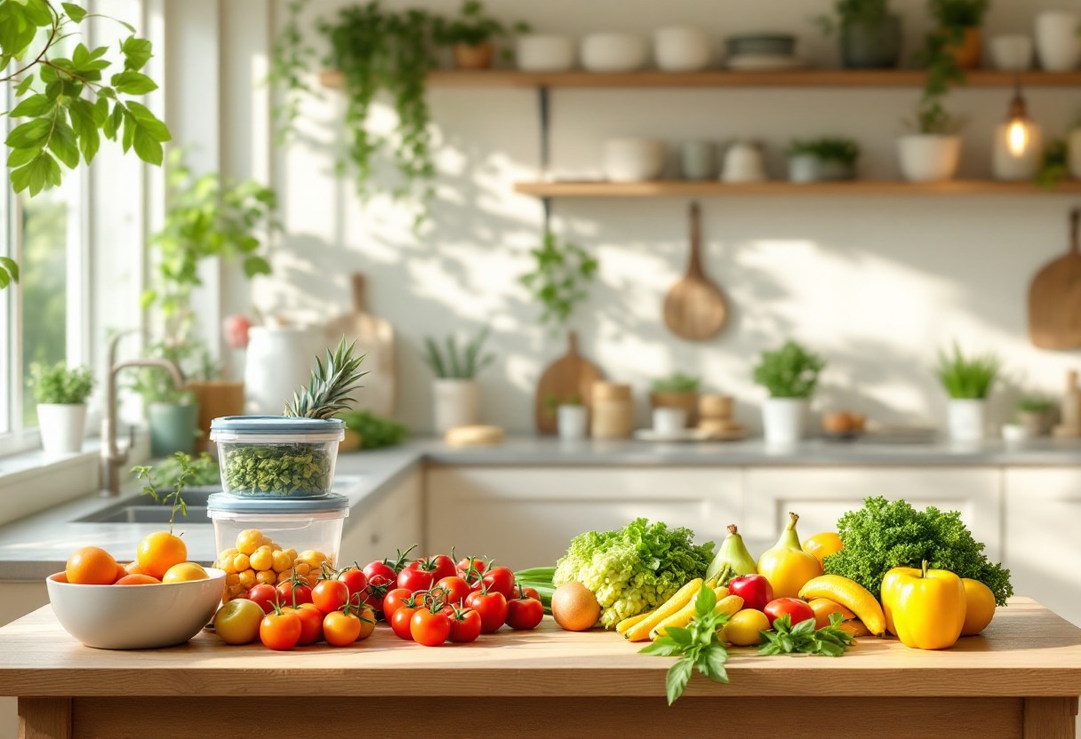 깨끗한 주방에서 식중독 예방을 위해 신선한 채소와 과일을 위생적으로 보관하는 모습