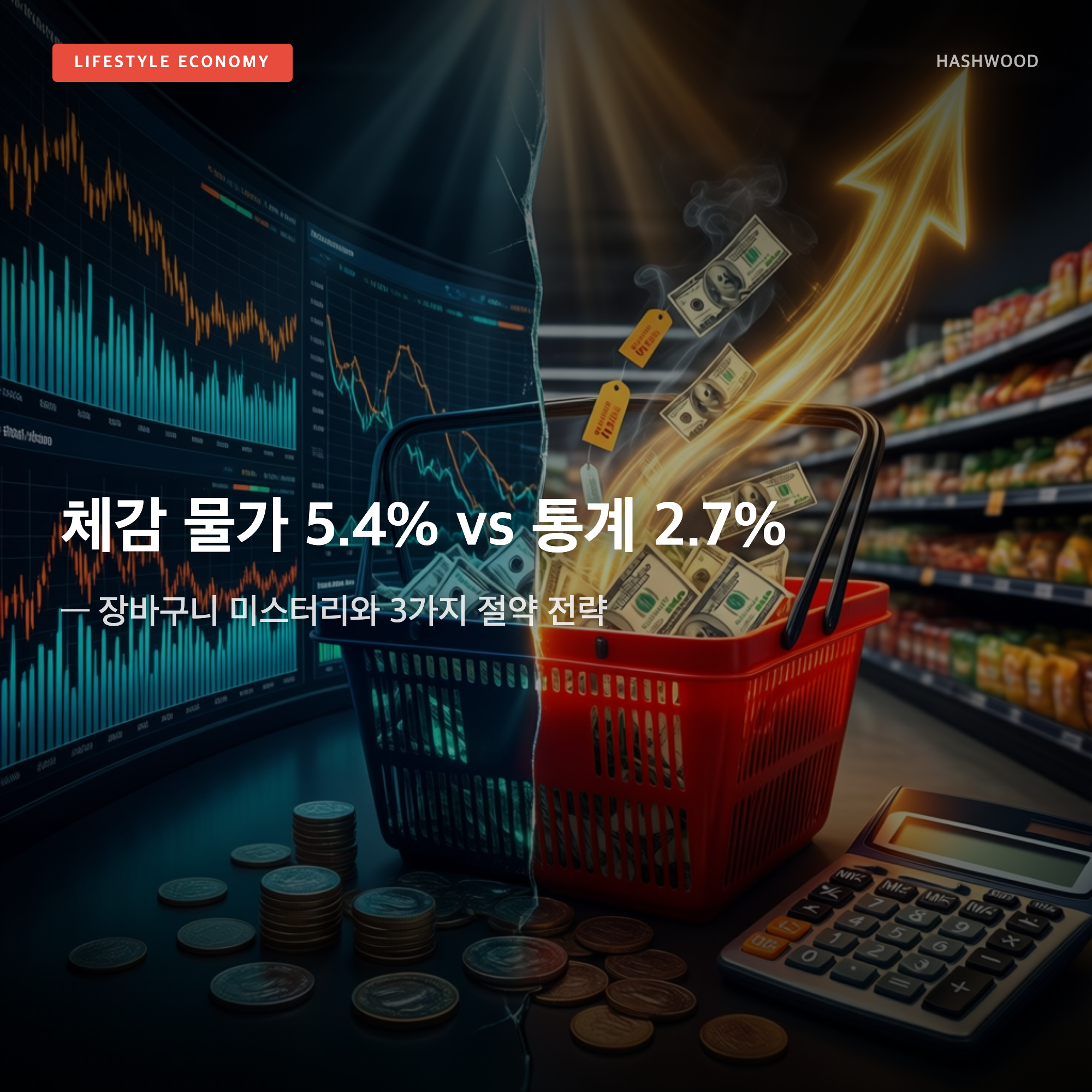그림: 체감 물가 5.4% vs 통계 2.7% — — 장바구니 미스터리와 3가지 절약 전략