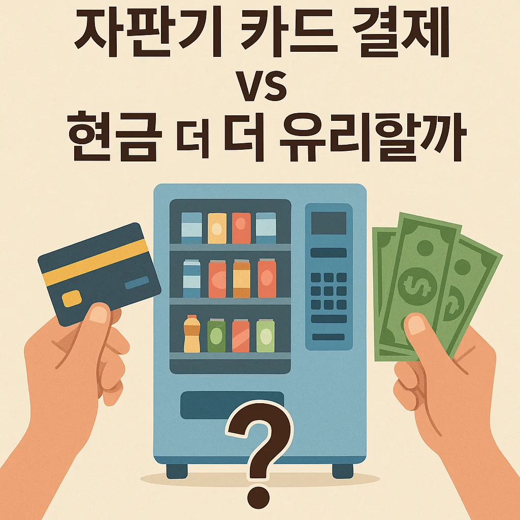 자판기 앞에서 카드 결제와 현금 결제를 비교하는 일러스트. 양손에 카드와 현금을 들고 있고, 중앙에 자판기와 물음표가 강조됨.