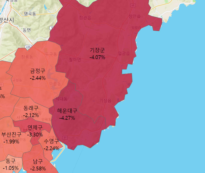부산 연초대비 가격 변동 지도 2023년2월1주차