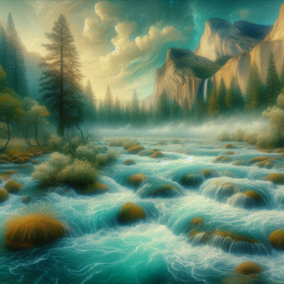 흐르는 강물과 그 주위를 둘러싼 울창한 숲이 자연의 조화를 이룬 모습.