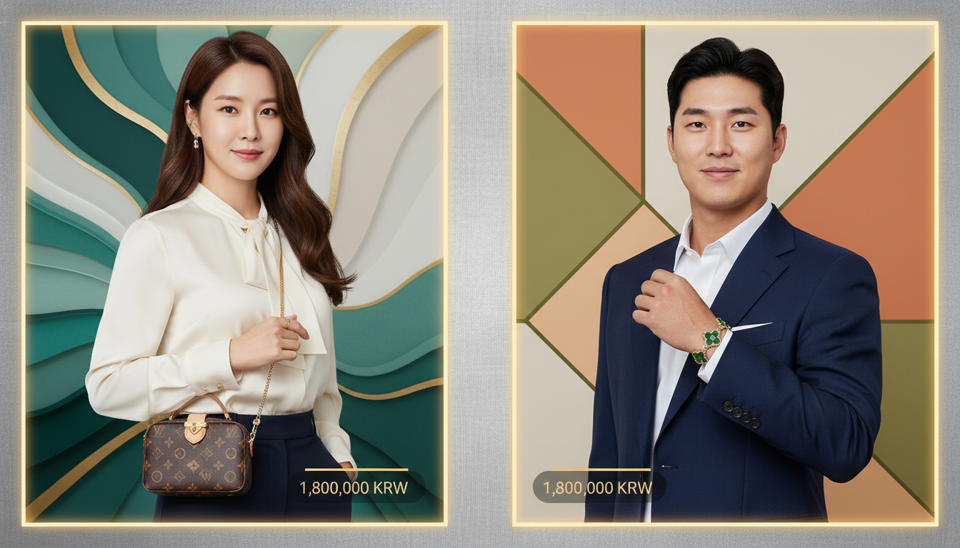 김사랑이 루이비통 쁘띠 팔레트 미니백을 들고 있는 모습과 이정후가 반클리프 아펠 알함브라 브레이슬릿을 착용한 모습이 조화된 고급스러운 이미지.