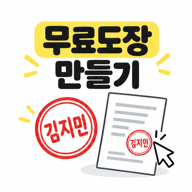 무료도장 만들기 제목과 붉은 원형 도장, 문서 아이콘을 보여주는 그림