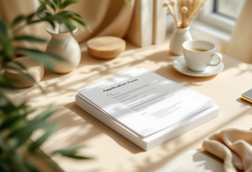 정리된 서류 더미 위에 &amp;#39;정책자금 신청서류&amp;#39; 제목이 보이는 깔끔한 문서