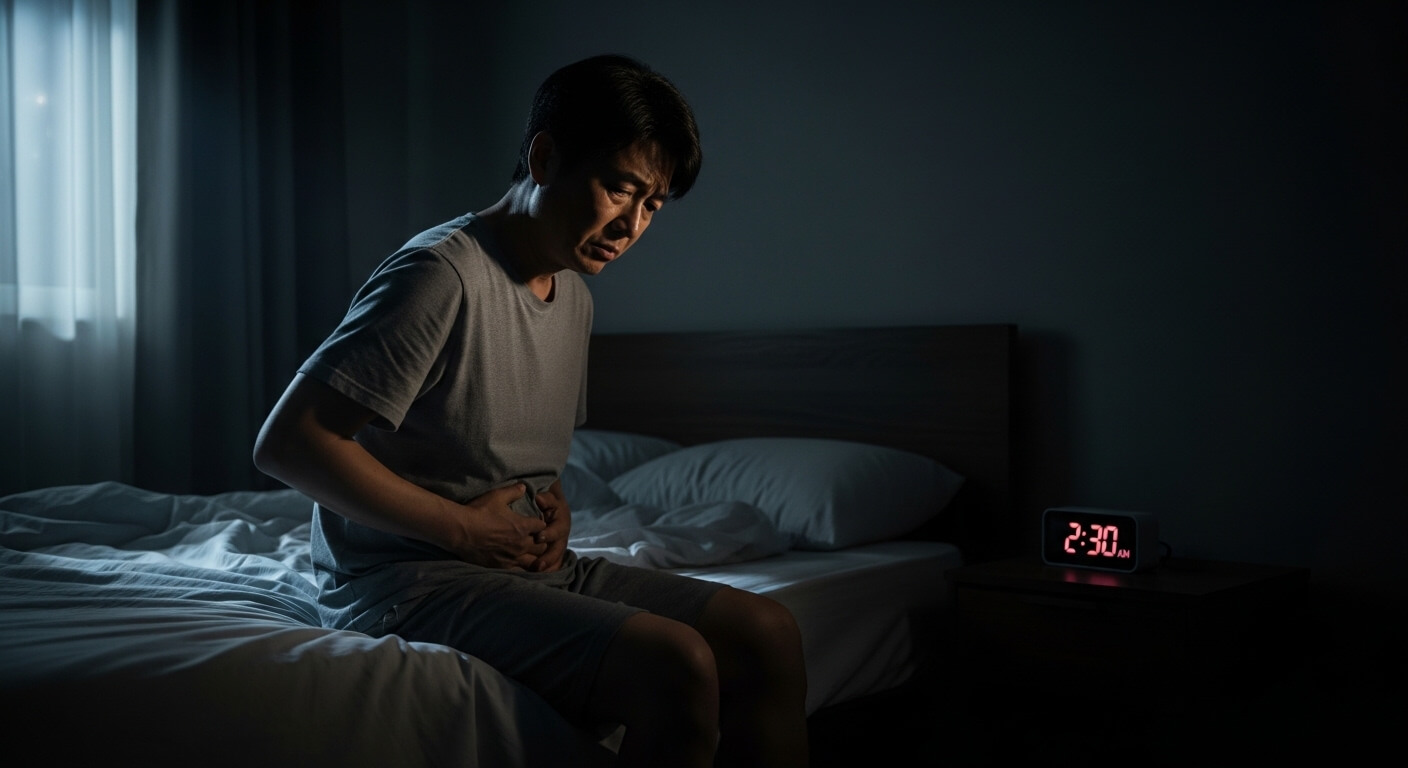 밤 2시 30분, 복통을 느끼며 침대에 앉아 있는 중년 남성, 야간뇨와 신장 건강 문제를 표현한 이미지