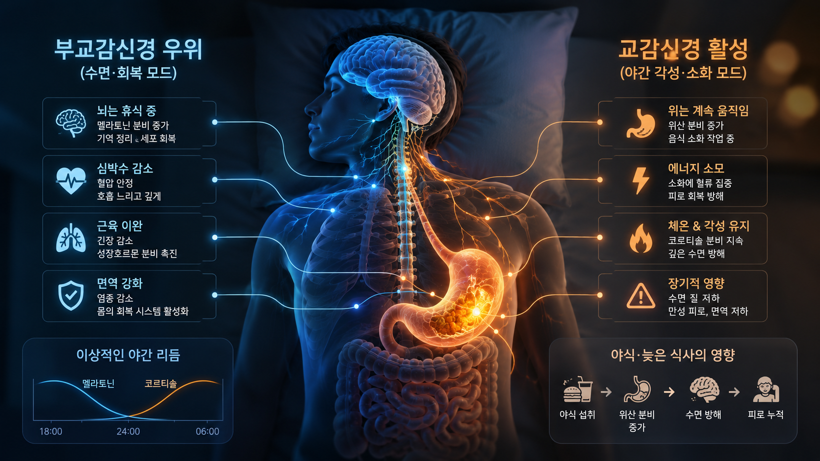 야식 섭취 시 위장 소화 활동과 자율신경계 변화 기전 일러스트