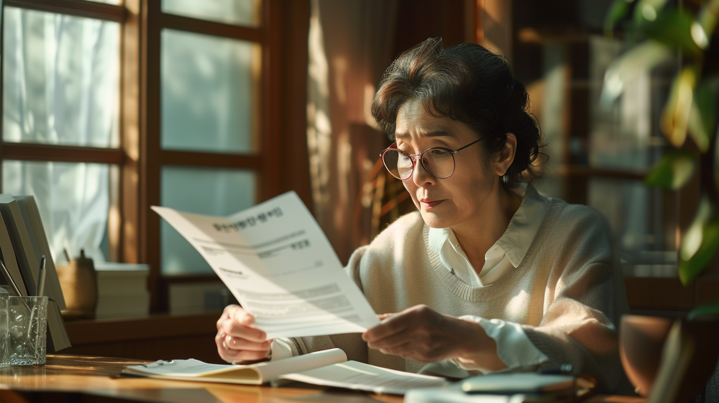 국가건강검진 결과지를 꼼꼼히 읽고 있는 중년 성인의 모습