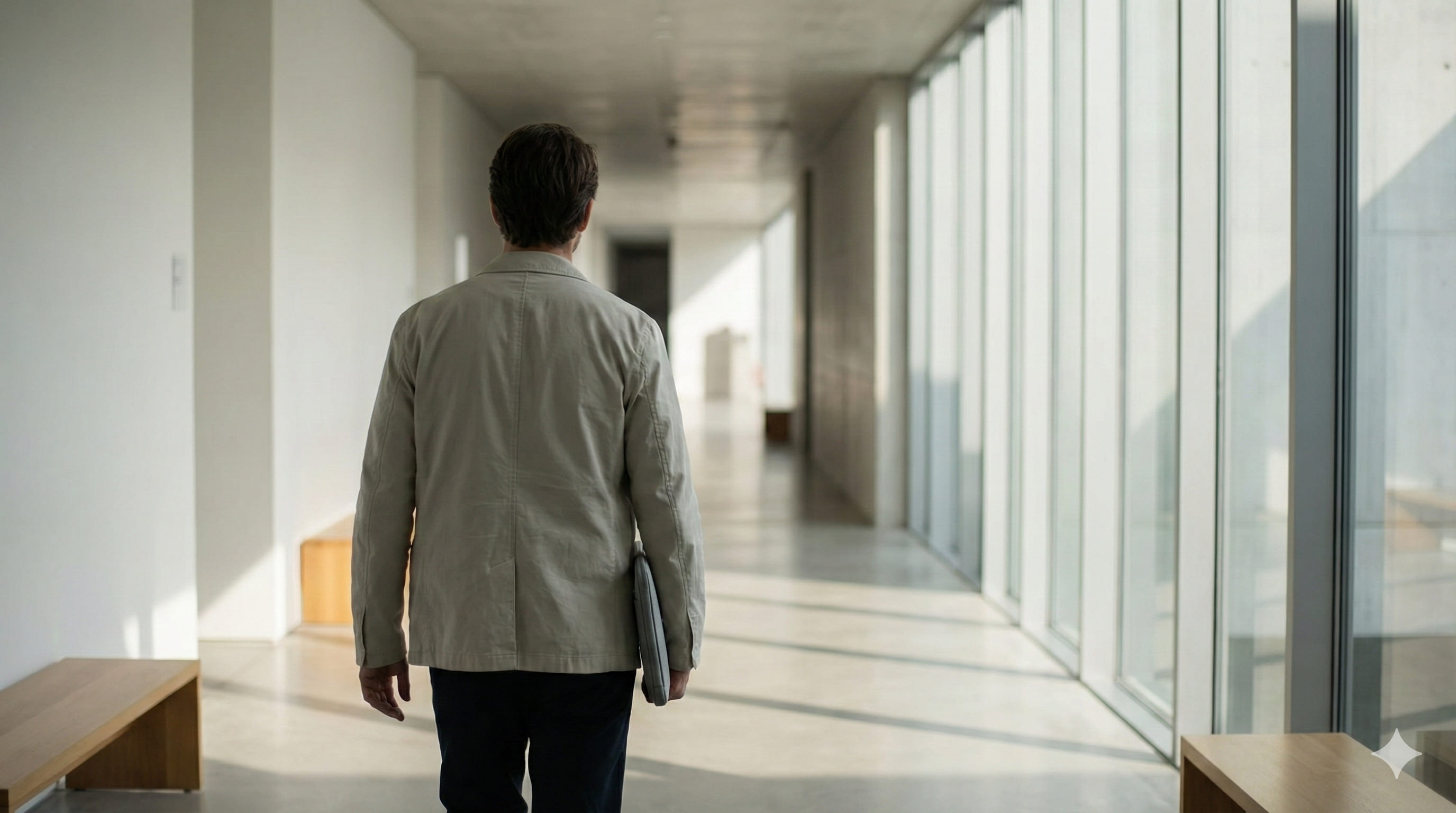 마음이 가벼워진 퇴근길, 조용한 복도를 천천히 걸으며 여유가 돌아오는 뒷모습