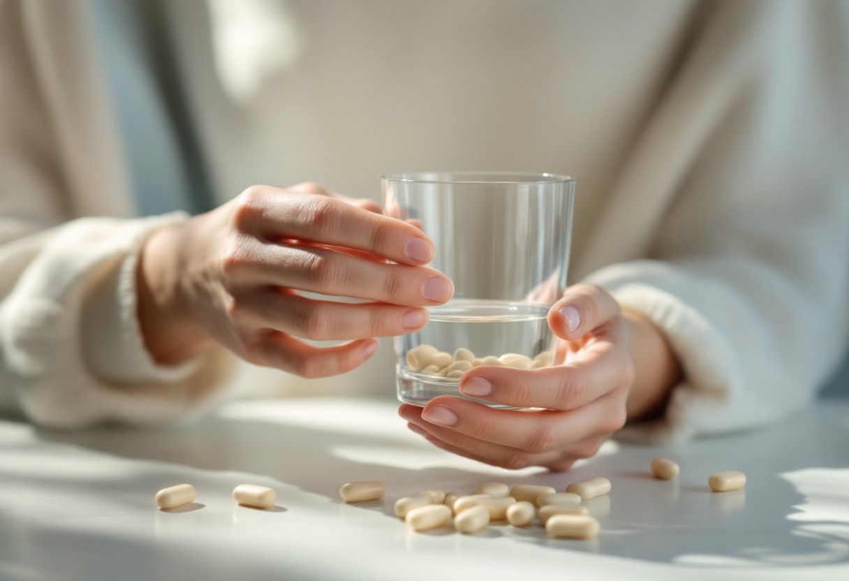 손이 물이 담긴 컵과 여러 영양제 알약을 들고 있는 모습