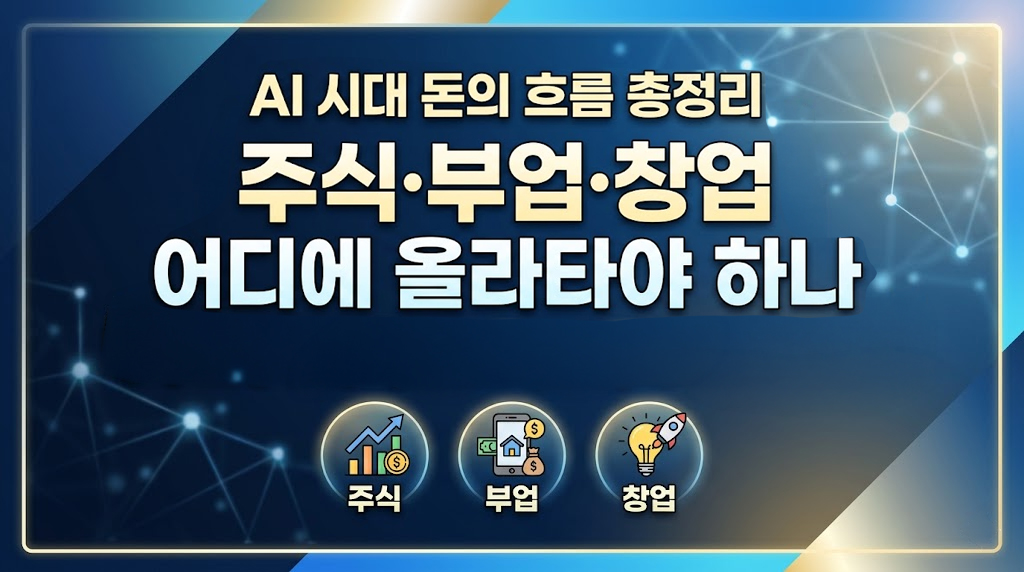 'AI 시대 돈의 흐름 총정리, 주식&middot;부업&middot;창업 어디에 올라타야 하나'라는 문구가 중심에 적힌 블로그 썸네일입니다. 하단에는 주식 그래프, 스마트폰 부업, 창업 아이디어를 상징하는 전구와 로켓 아이콘이 나란히 배치되어 있으며, 어두운 블루 톤의 심플하고 미래지향적인 배경으로 디자인된 이미지입니다.