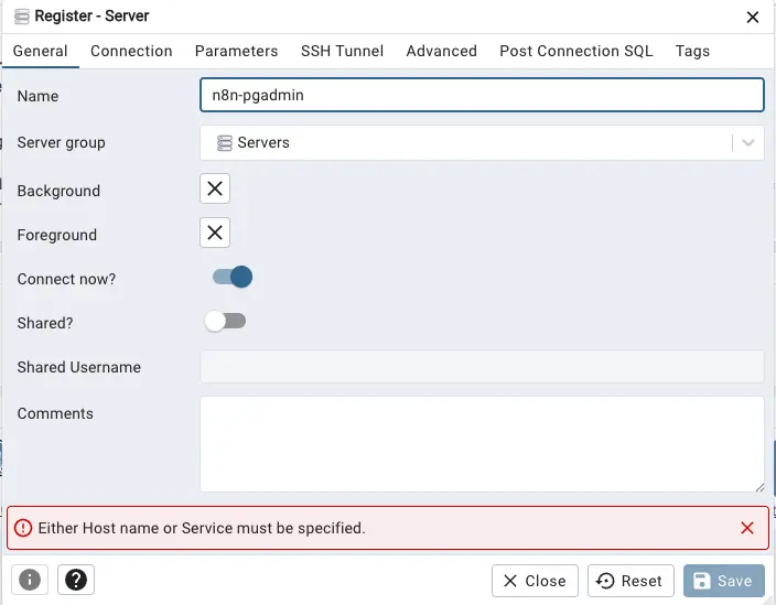 pgadmin database register - general