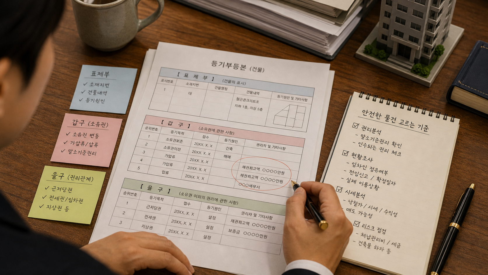 표제부와 갑구를 법원 서류에서 확인하는 모습
