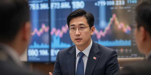 금융 세미나에서 강원랜드 주가 분석 결과를 청중에게 설명하는 중년 사업가의 모습