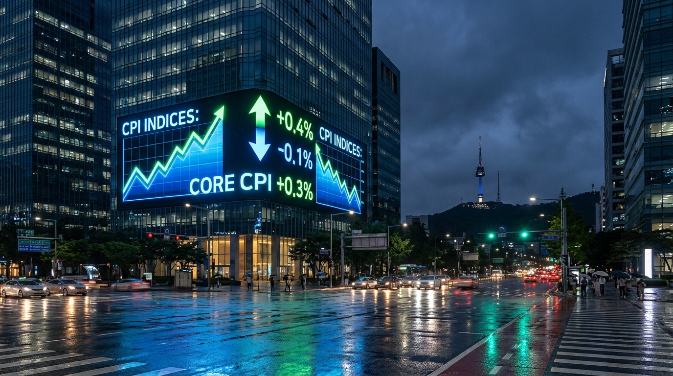 2026년 4월 CPI 발표 결과와 시장의 반응을 보여주는 증권가 전광판