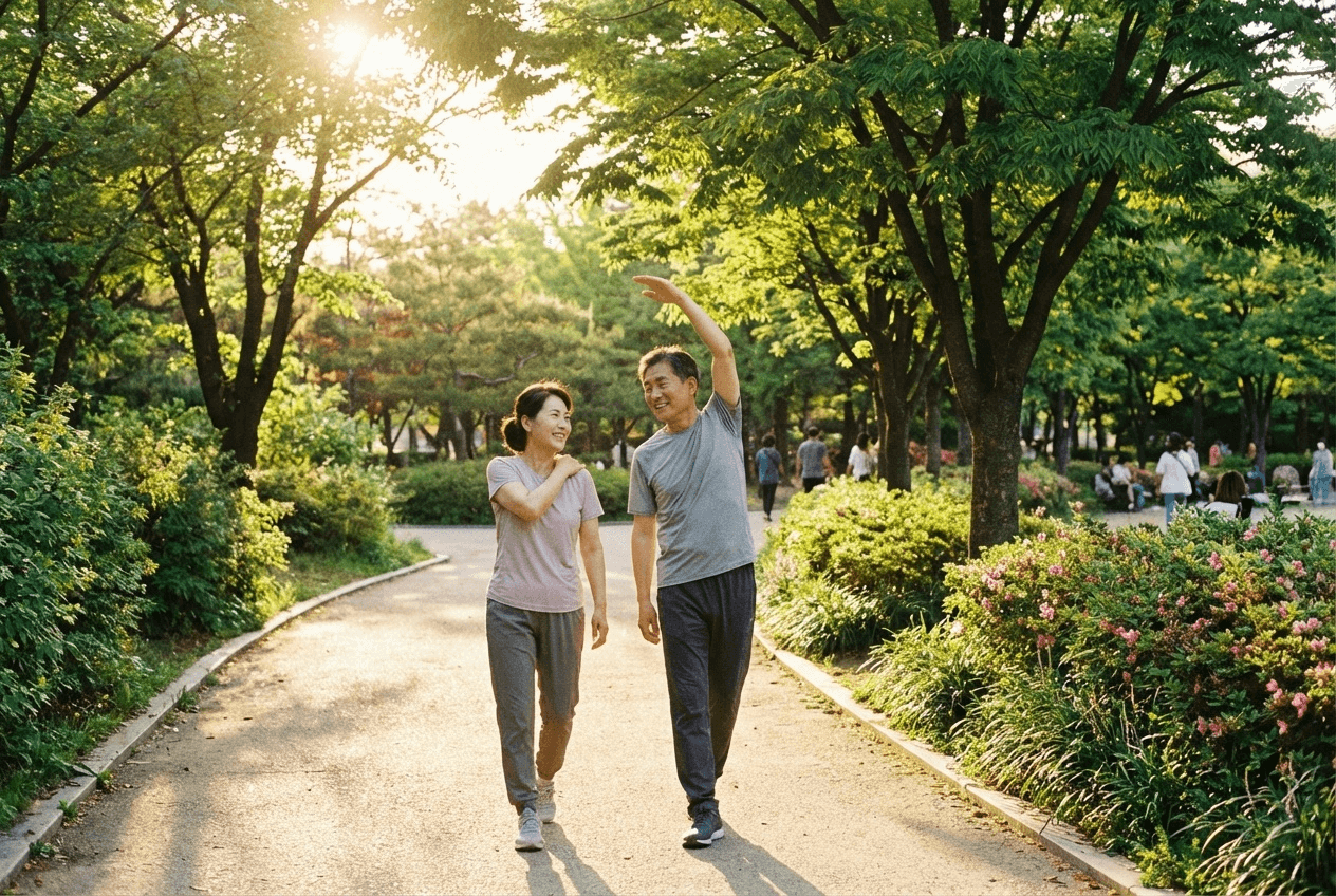 초록 나무와 꽃이 가득한 공원 산책로에서 중장년 부부가 가볍게 스트레칭을 하며 웃으며 걷는 모습으로, 꾸준한 걷기 운동으로 관절과 연골 건강을 관리하는 중장년 라이프스타일을 표현한 사진